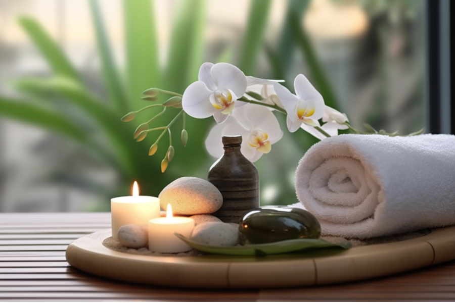 Ambiente de spa con velas, toallas y orquídeas